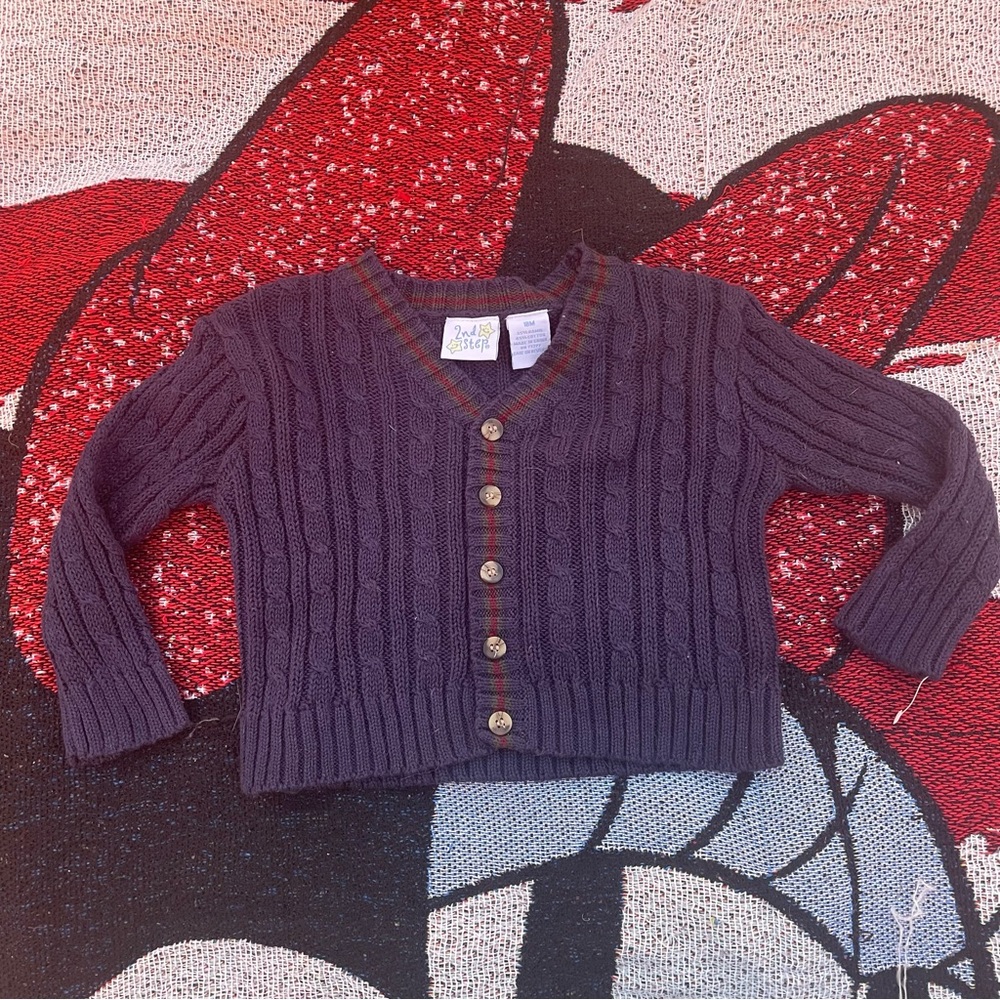 VINTAGE 2ND STEP NAVY BLUE CABLE KNIT CARDIGAN SWEATER BOYS SIZE 18 MONTHS